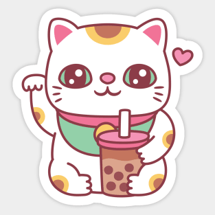 Cute Japanese Maneki Neko Cat With Bubble Tea Sticker